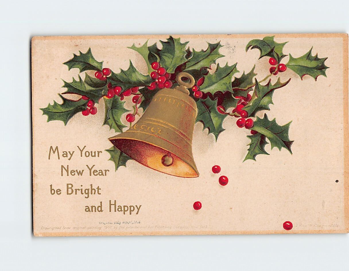 Postcard May Your New Year Be Bright & Happy Bell Holly Berries Art Print