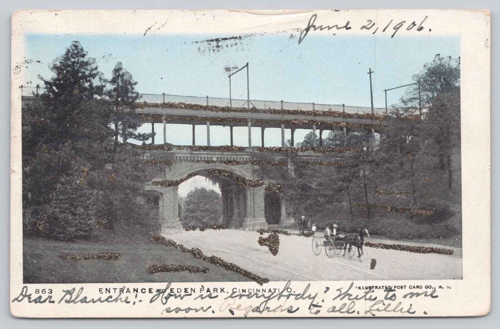 Postcard Entrance Eden Park Cincinnati OH Glitter UDB circa 1906 horse carriage