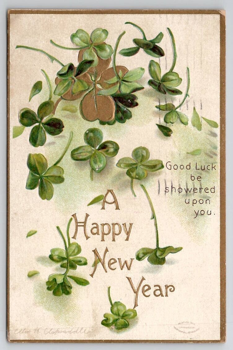 New Year Greeting Good Luck Be Showered Upon You Golden Shamrock Postcard U27