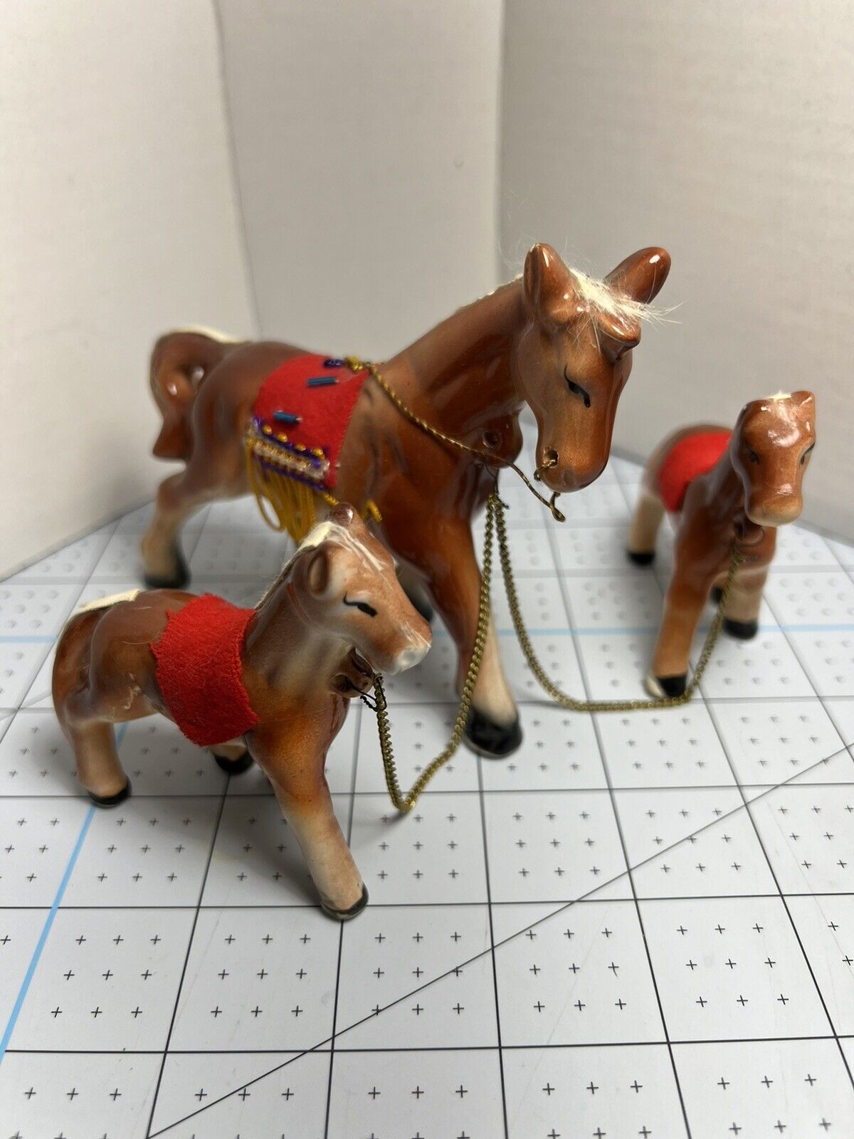 Ceramic Horse and 2 Foals with Chain Japan Vintage