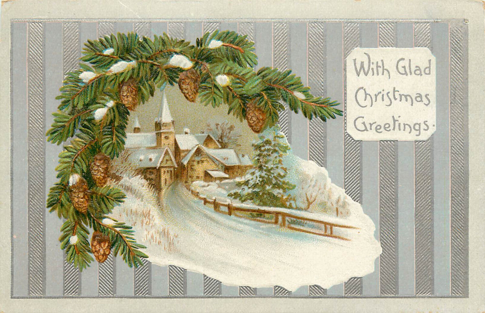 Embossed Christmas Postcard Winter Church Vignette Silver Wallpaper Background