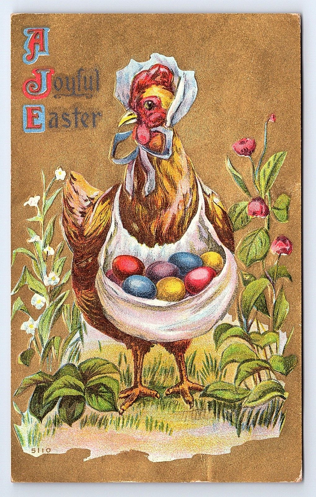 Postcard A Joyful Easter Rooster Bonnet Colored Eggs Embossed c.1910