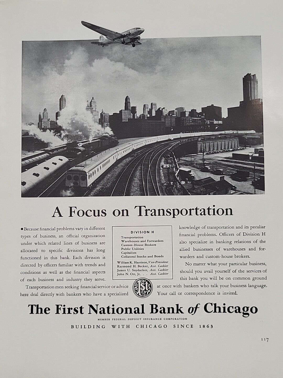 1940 First National Bank of Chicago Fortune Print Ad Transportation Plane Train
