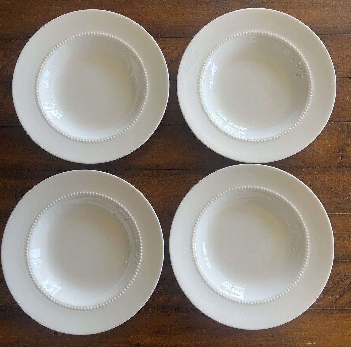 Crate & Barrel White Pearl 9.5” Rimmed Soup Bowls Bone China by Nikko Set of 4