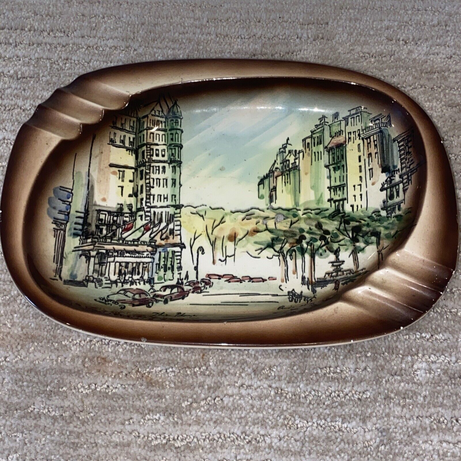 Vintage Rare 1960s The Plaza Hotel NYC Porcelain Ashtray - Beautiful Cityscape
