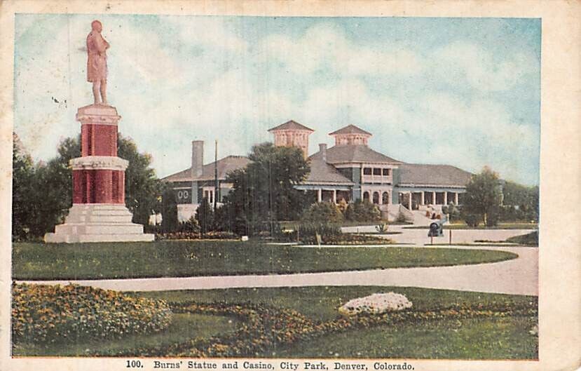 Postcard CO: Burns\' Statue & Casino, Denver, Colorado, Antique Posted 1908