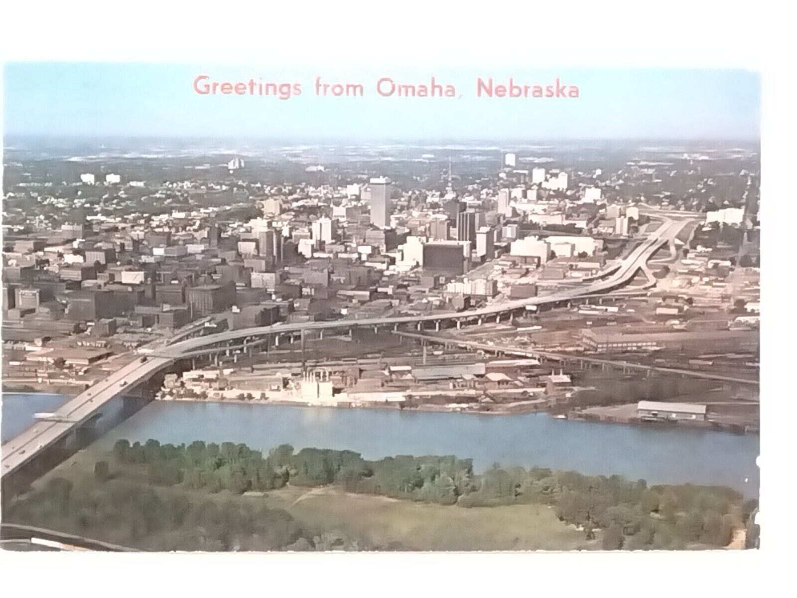 Greetings From Omaha Nebraska Aerial Panorama Downtown Missouri River Postcard 
