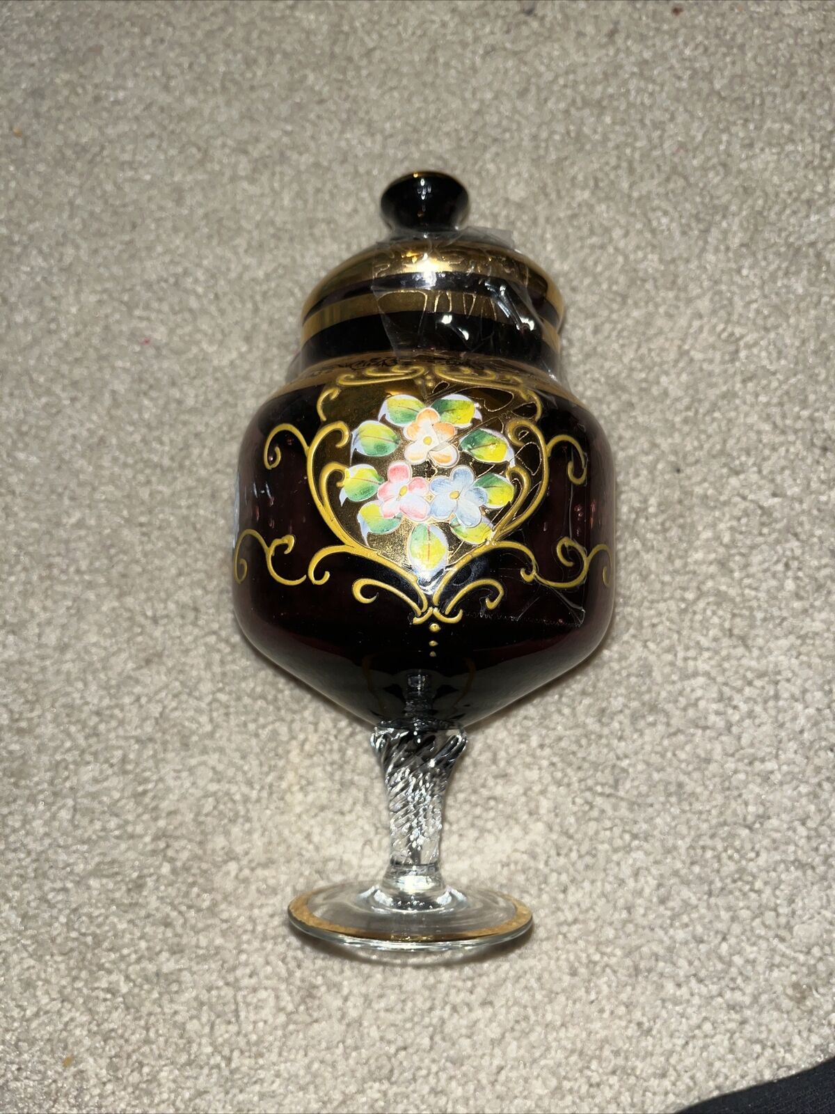 Vintage Czech, Bohemian Amethyst Glass Hand Painted Pedestal Vase w/Lid