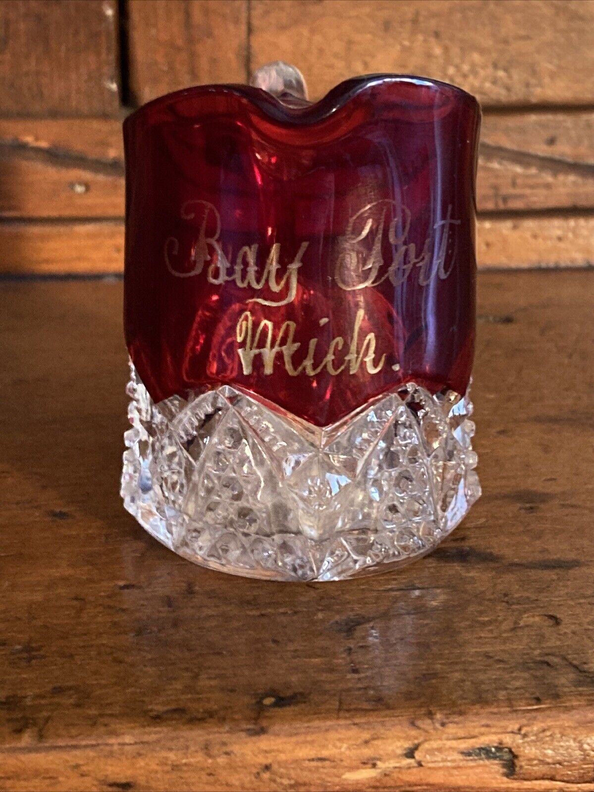 Vintage Bay Port Mich. MI Souvenir Ruby Flash Creamer Pressed Glass 2.5\