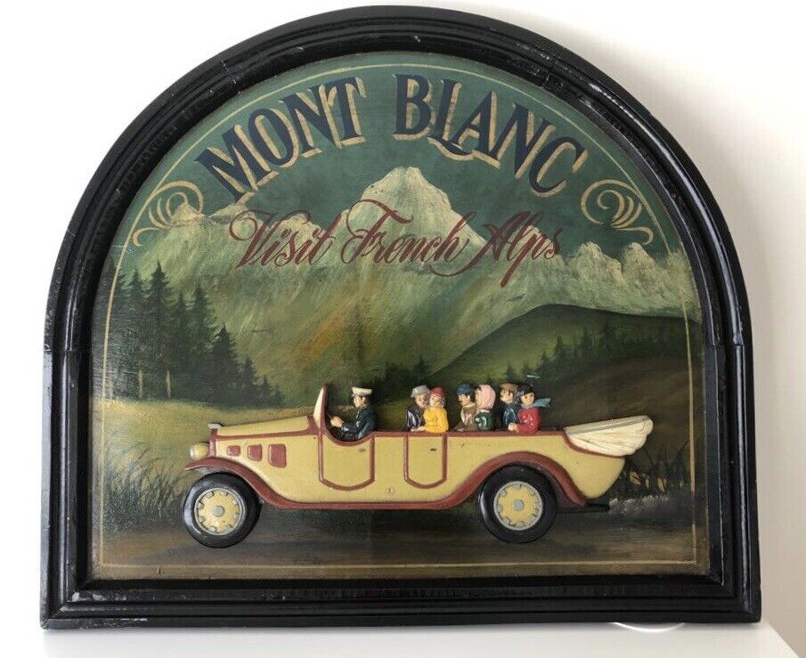 LARGE Vintage Hand Painted Pine Relief Plaque Decor Mont Blanc French France