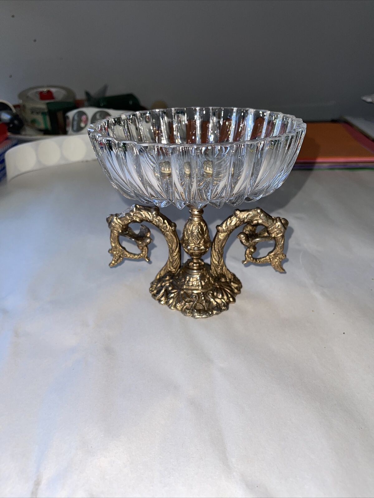 Glass Vintage Ribbed Glass Bowl With a Brass Base, Display, Candy Dish,