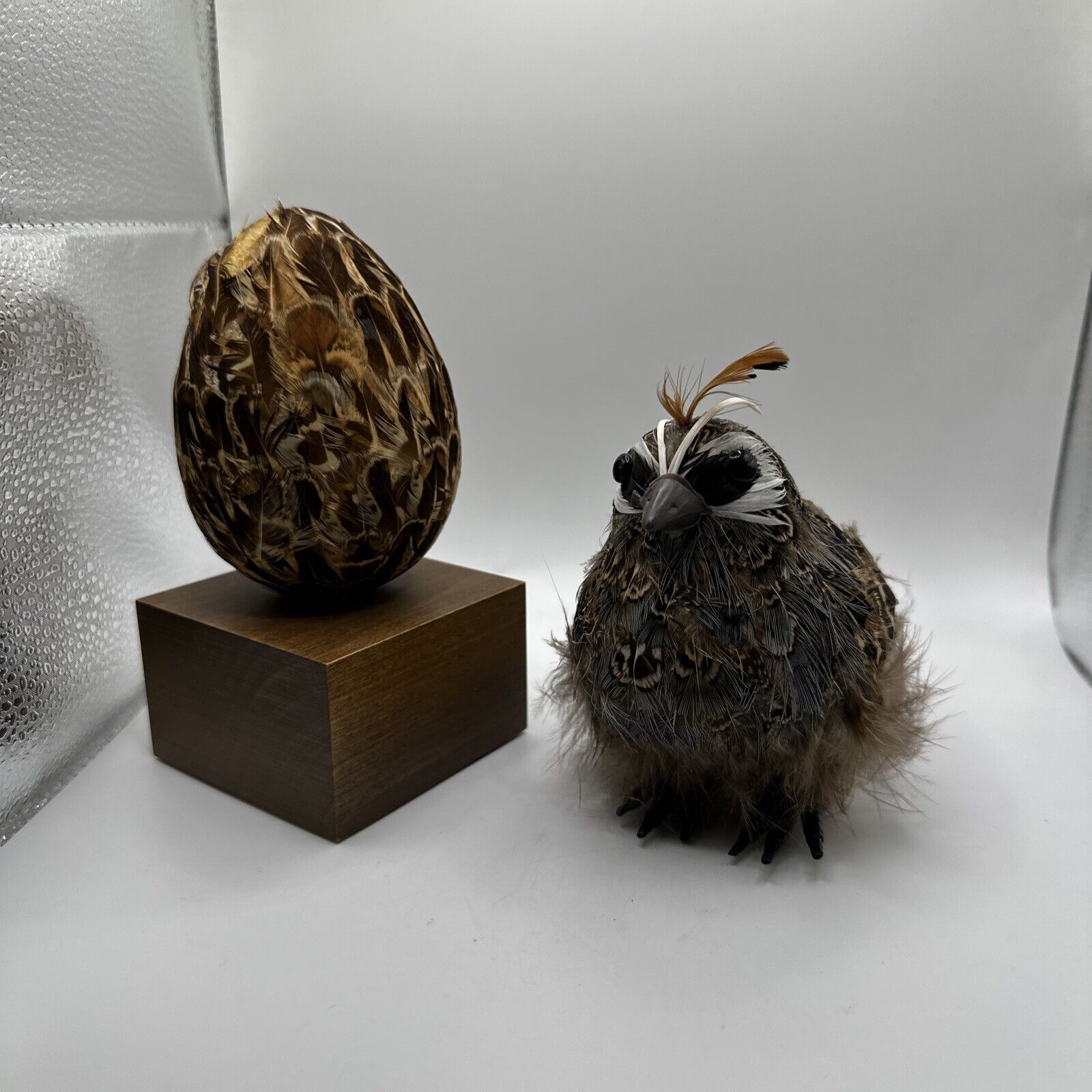 Vintage Feather Egg Display And Bird Figurine