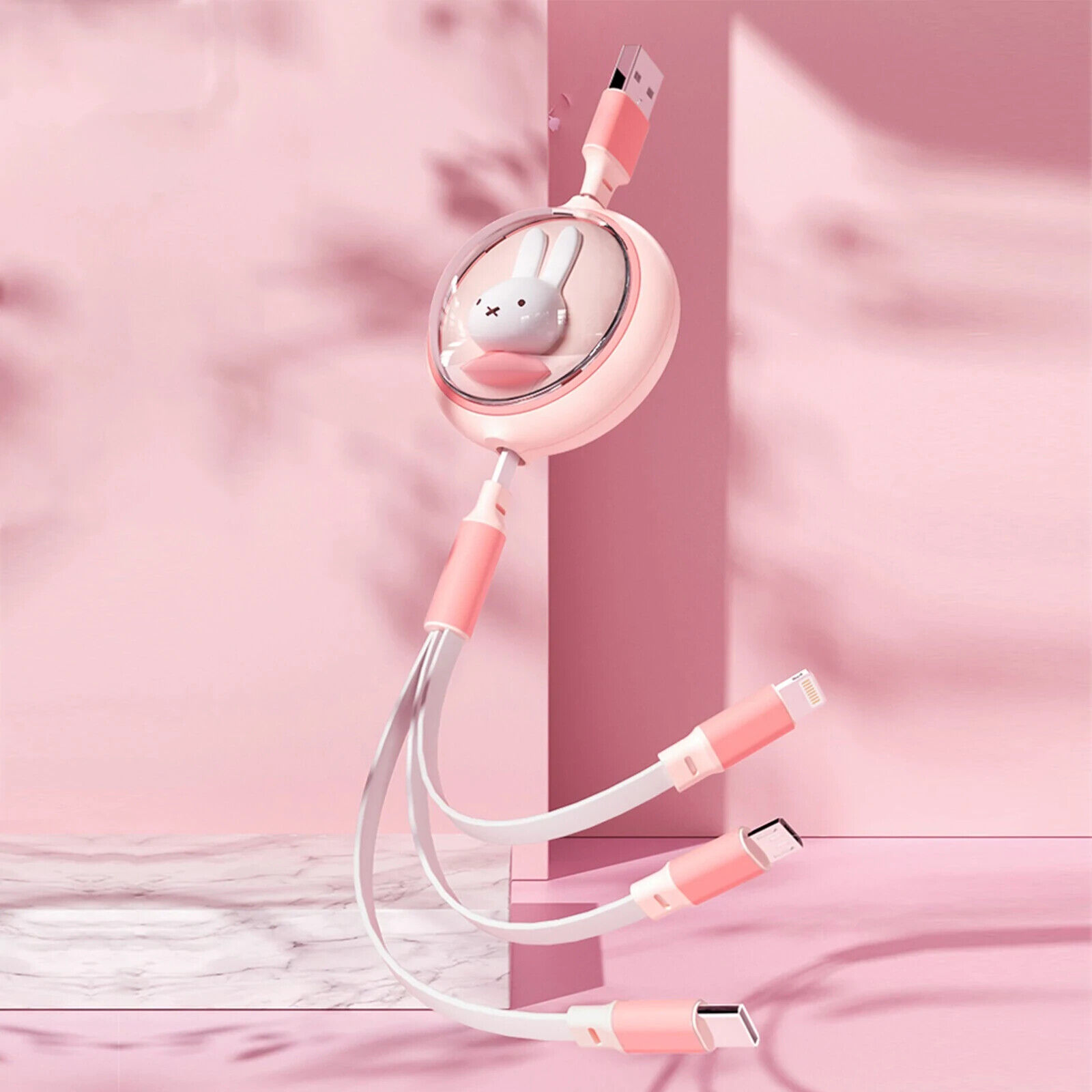 Miffy 3 in 1 Retractable Multi Phone Charging Cable Pink