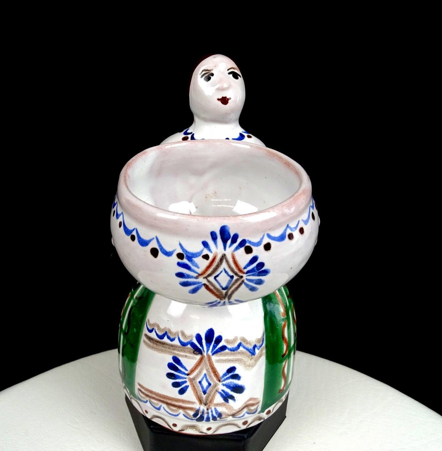 Portuguese Art Pottery Woman Holding Bowl Terracotta Vintage 6 3/4