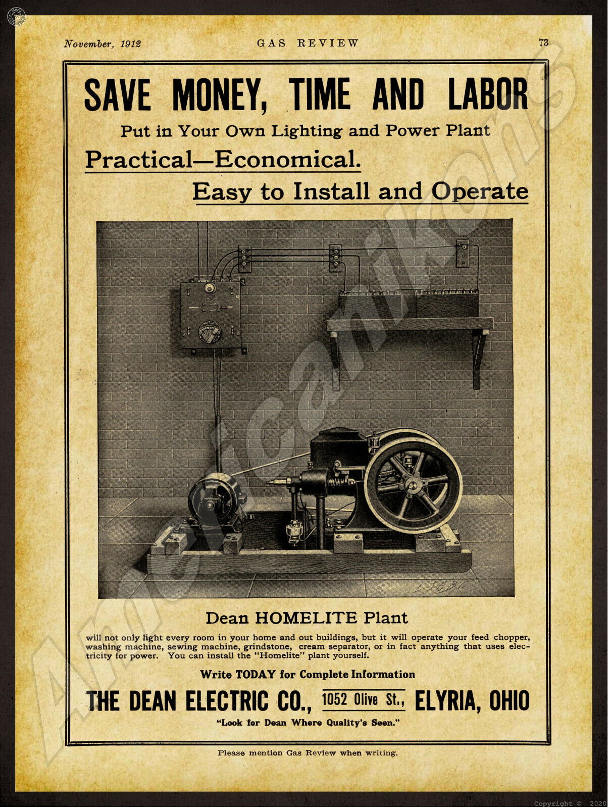 1912 Dean Electric Company New Metal Sign: Homelite Power Plant - Elyria, Ohio