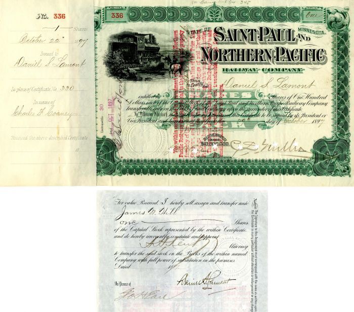 Saint Paul and Northern Pacific Railway Co. Issued to and signed by Daniel S. La