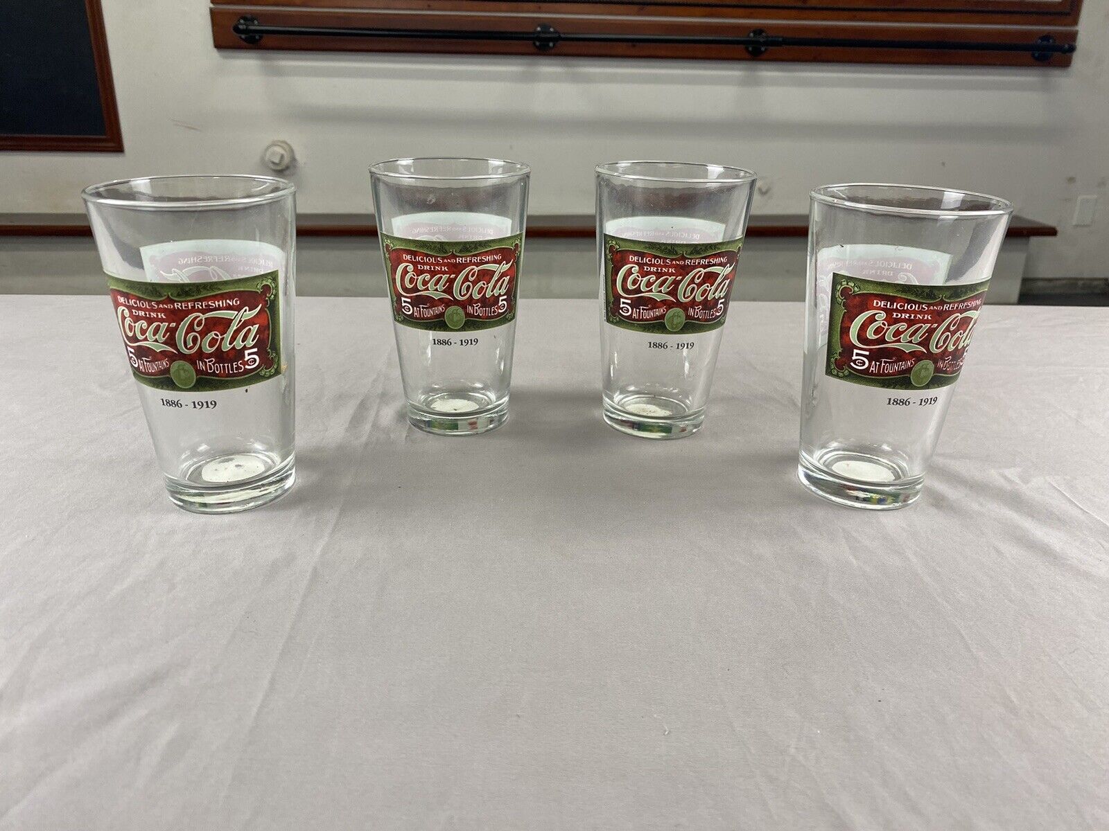 Set Of 4 Vintage Coca-Cola Glasses 16oz 1886-1919 Delicious And Refreshing 5cent