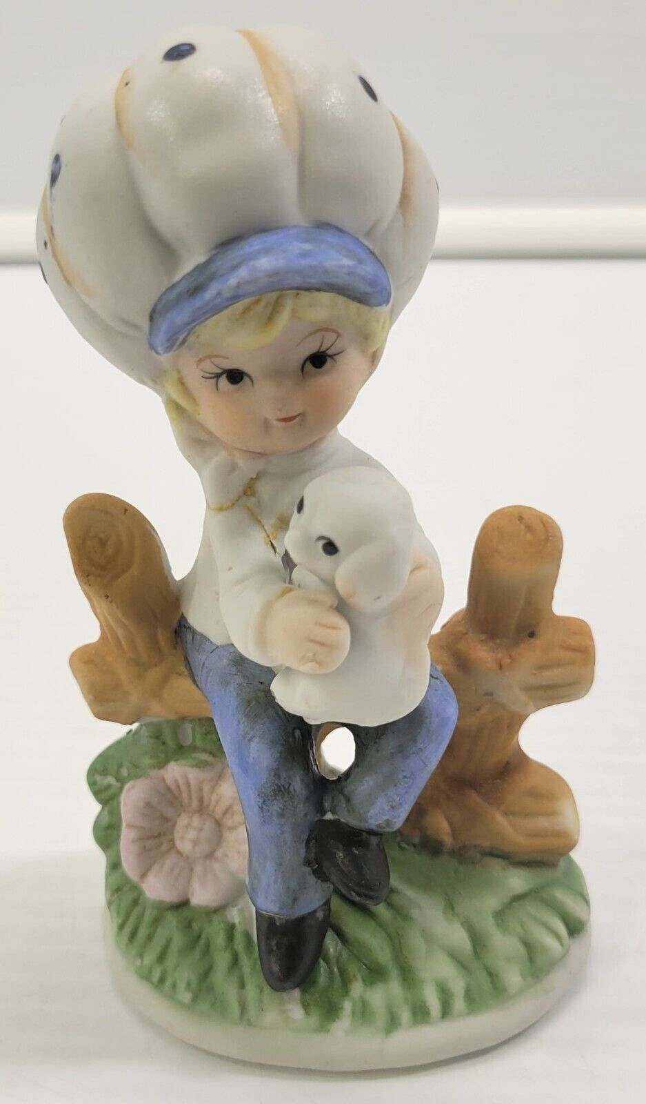 Vintage Crown Royal Bonnet Girl Figurine Big Hat Blue Polkadot Hat Puppy