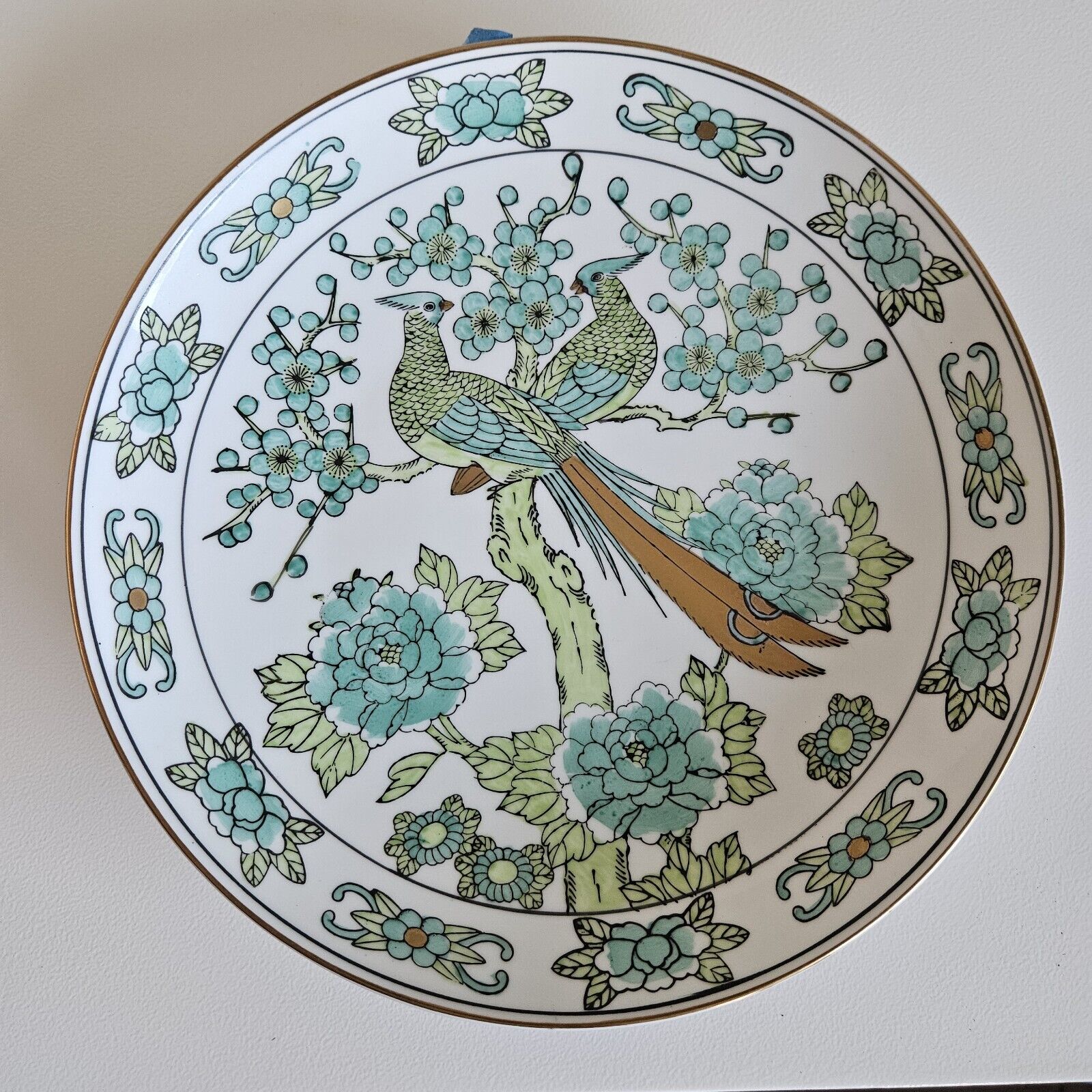 VTG Japanese Gold Imari Hand Painted porcelain Green Phoenix butds flower plate