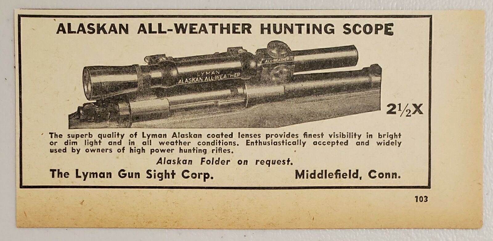 1949 Print Ad Alaskan All-Weather Hunting Scope Lyman Gun Sight Middlefield,CT