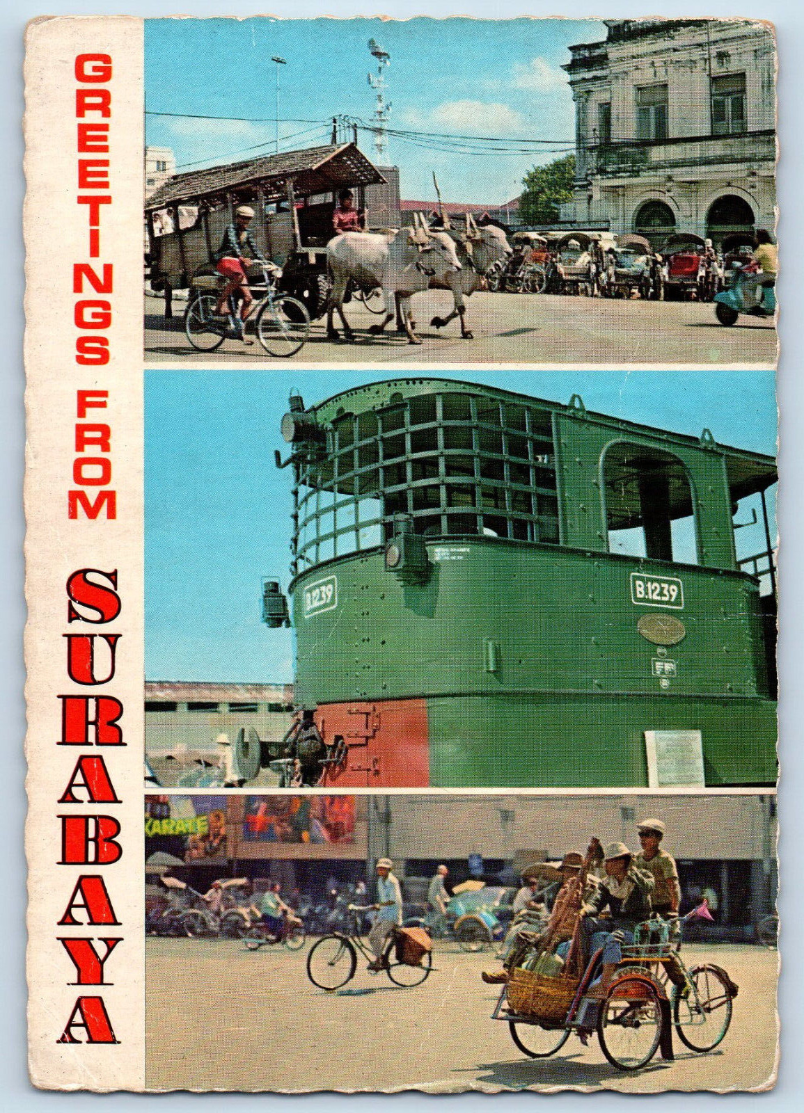 Java Indonesia Postcard Greetings From Surabaya Bull Carts 1995 Multiview