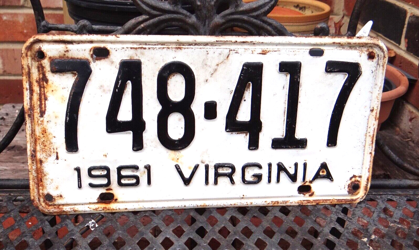 VINTAGE 1961 VIRGINIA VA. LICENSE PLATE TAG WHITE / BLACK 748-417 ** PATINA **