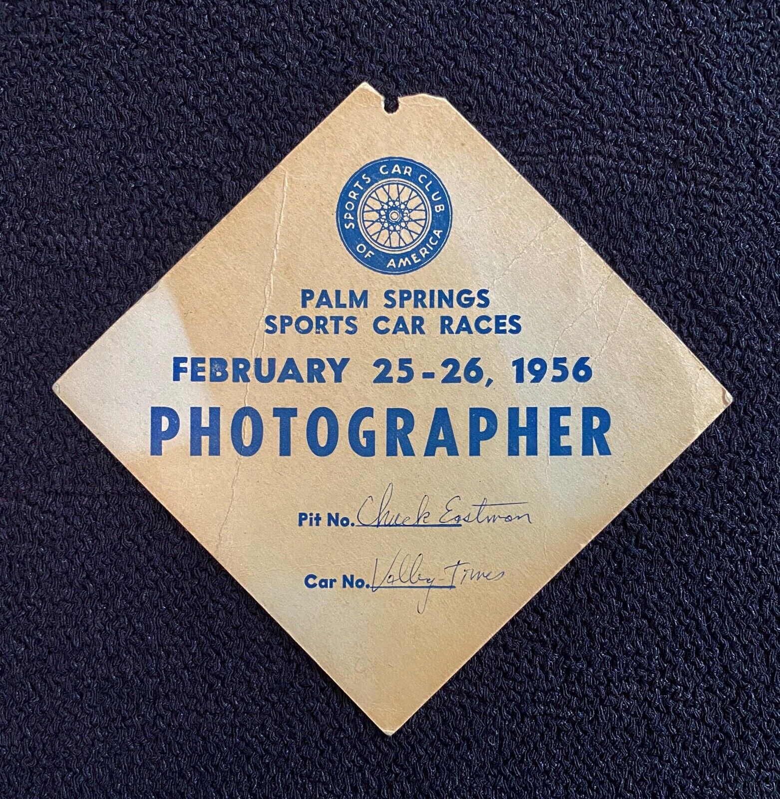 1956 First SCCA Palm Springs Sports Car Races Photographer Media Pass Shelby 