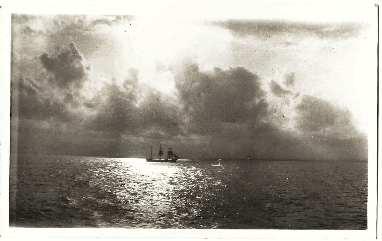 Vintage Old 1928 Photo of Schooner Ship off Cristobal PANAMA CANAL at Sunrise 🌅