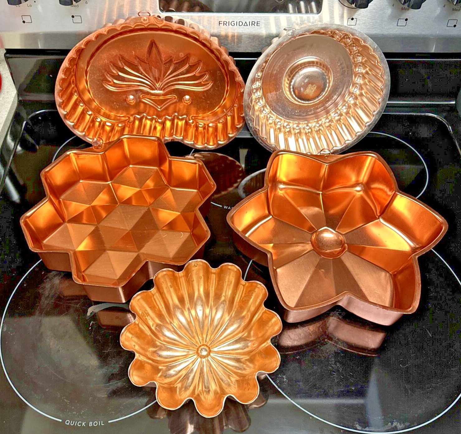 NICE Vintage Lot of 5 Copper Tone Jello Cake Pan Molds Hanging