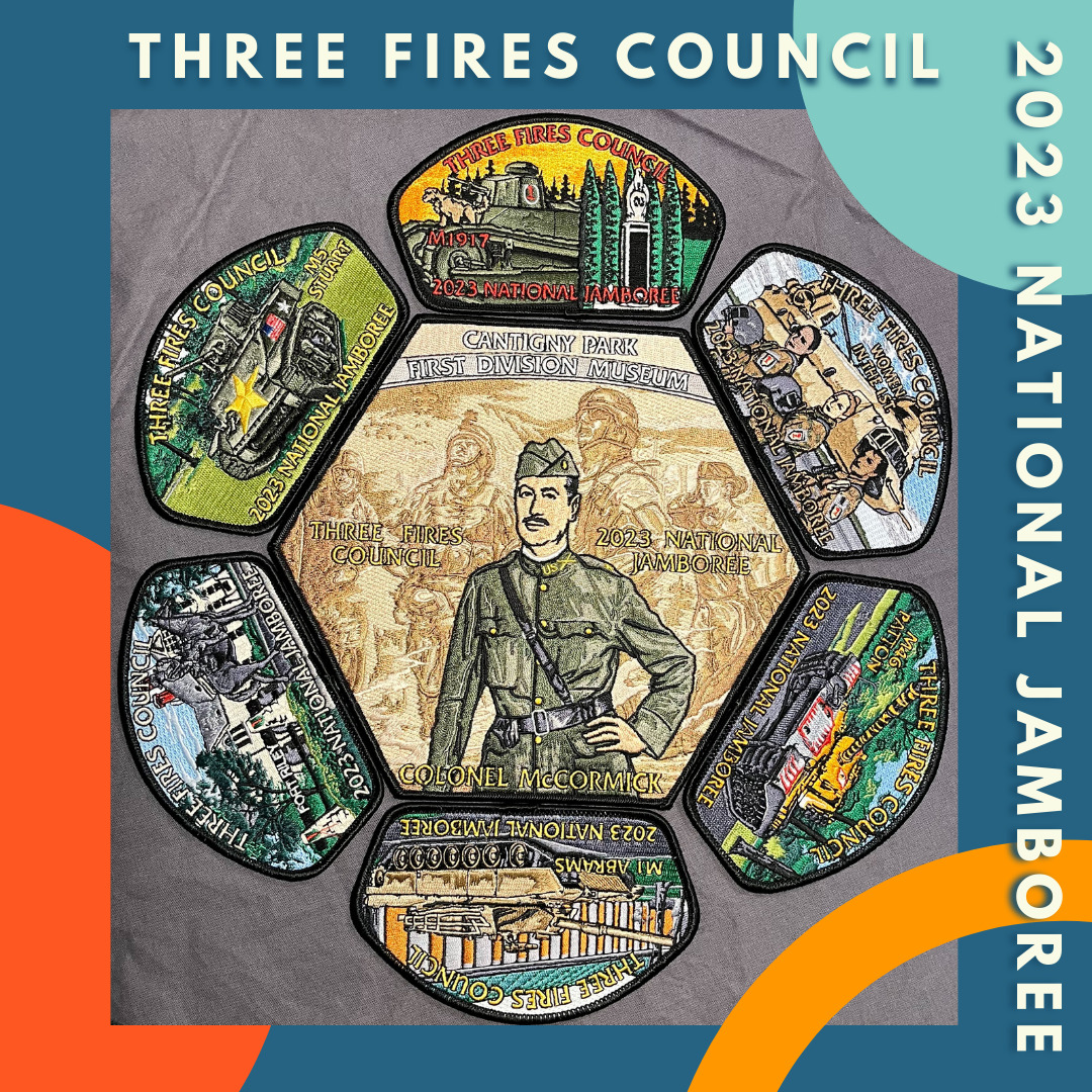 Three Fires Council, 2023 National Jamboree 7 Patch Set, Cantigny Park, Regular