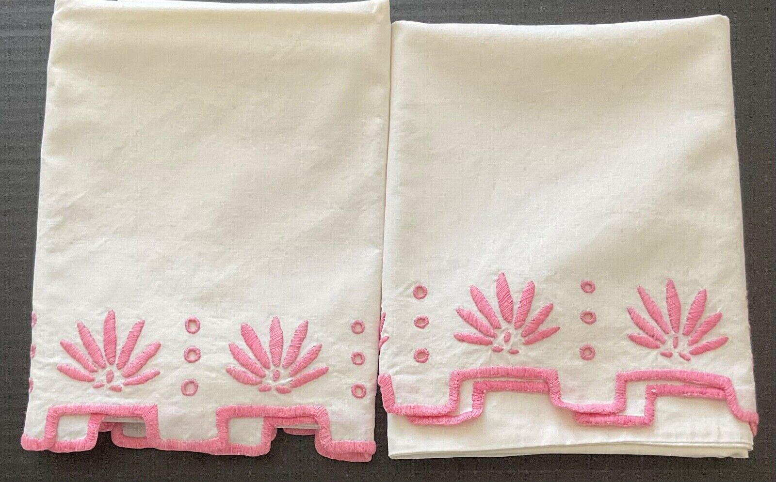 Machine Embroidered Pair of White  W/ Pink  Design pair of Pillow Cases.