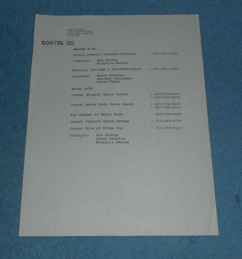 Vintage Contel Federal Systems Contact Phone Number List NASA Space Centers