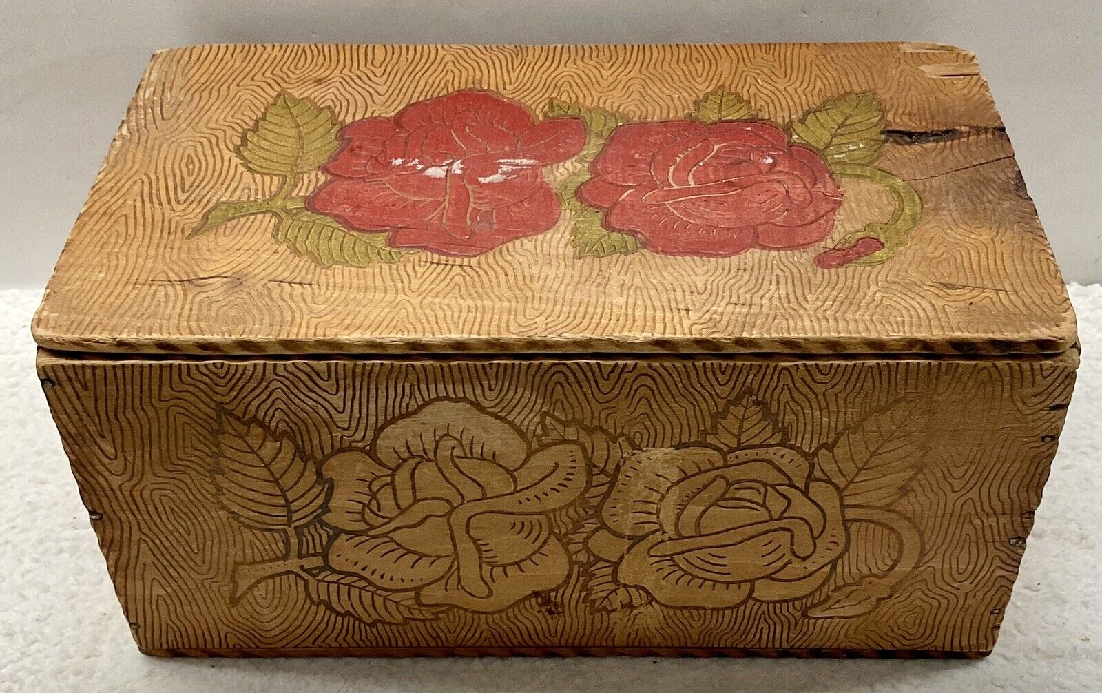 Vintage Pyrography Wooden Box With Roses  Folk Art