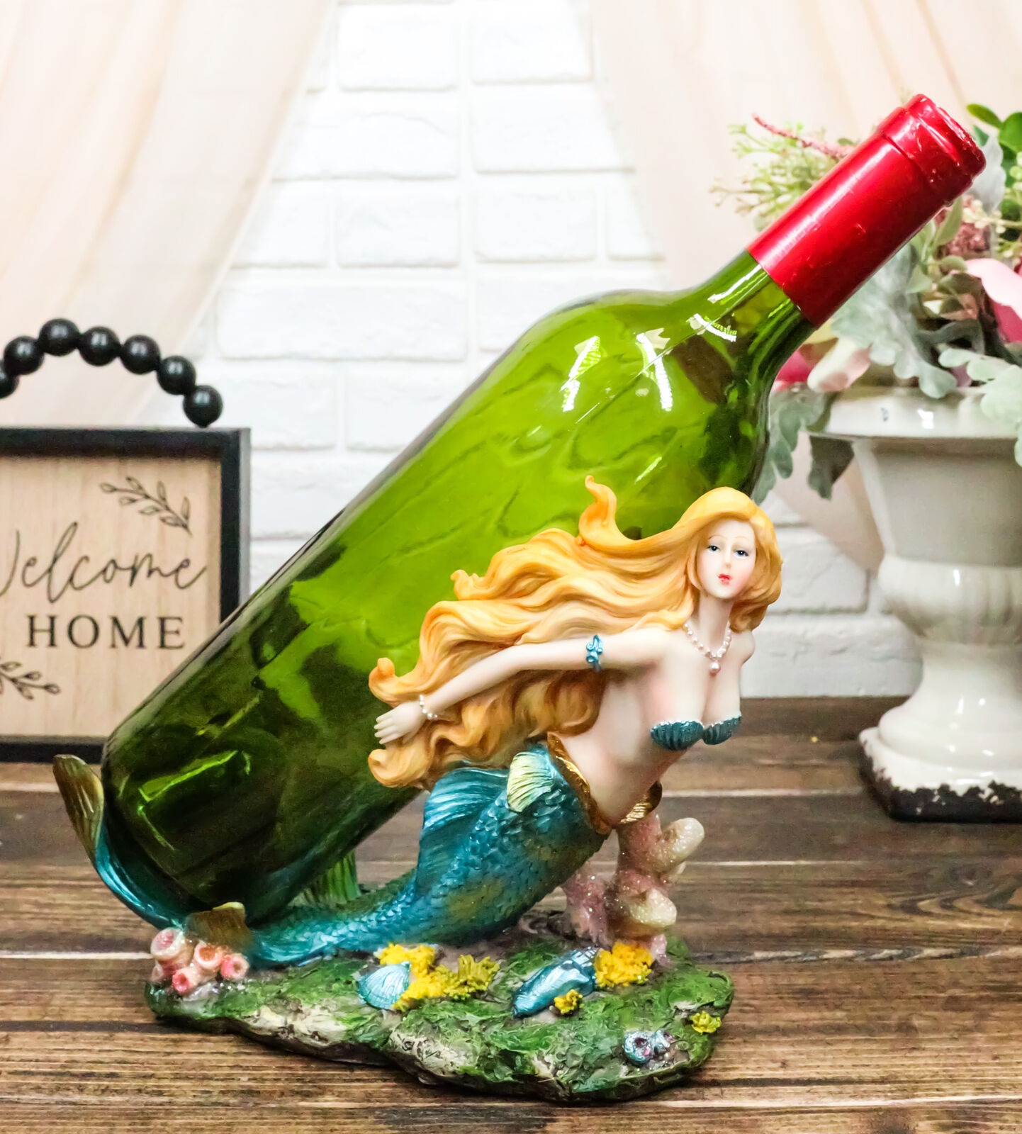 Nautical Colorful Blonde Mermaid With Shimmering Blue Tail Swimming Wine Holder