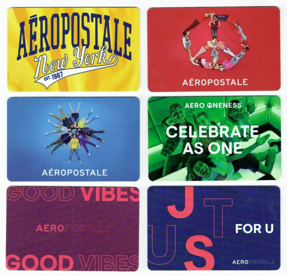 Aeropostale Gift Card LOT of 6 - Peace, Good Vibes, NY - Collectible - No Value