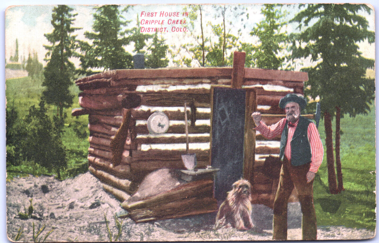 Postcard CO First House in Cripple Creek District Prospector & Dog c.1910s L11
