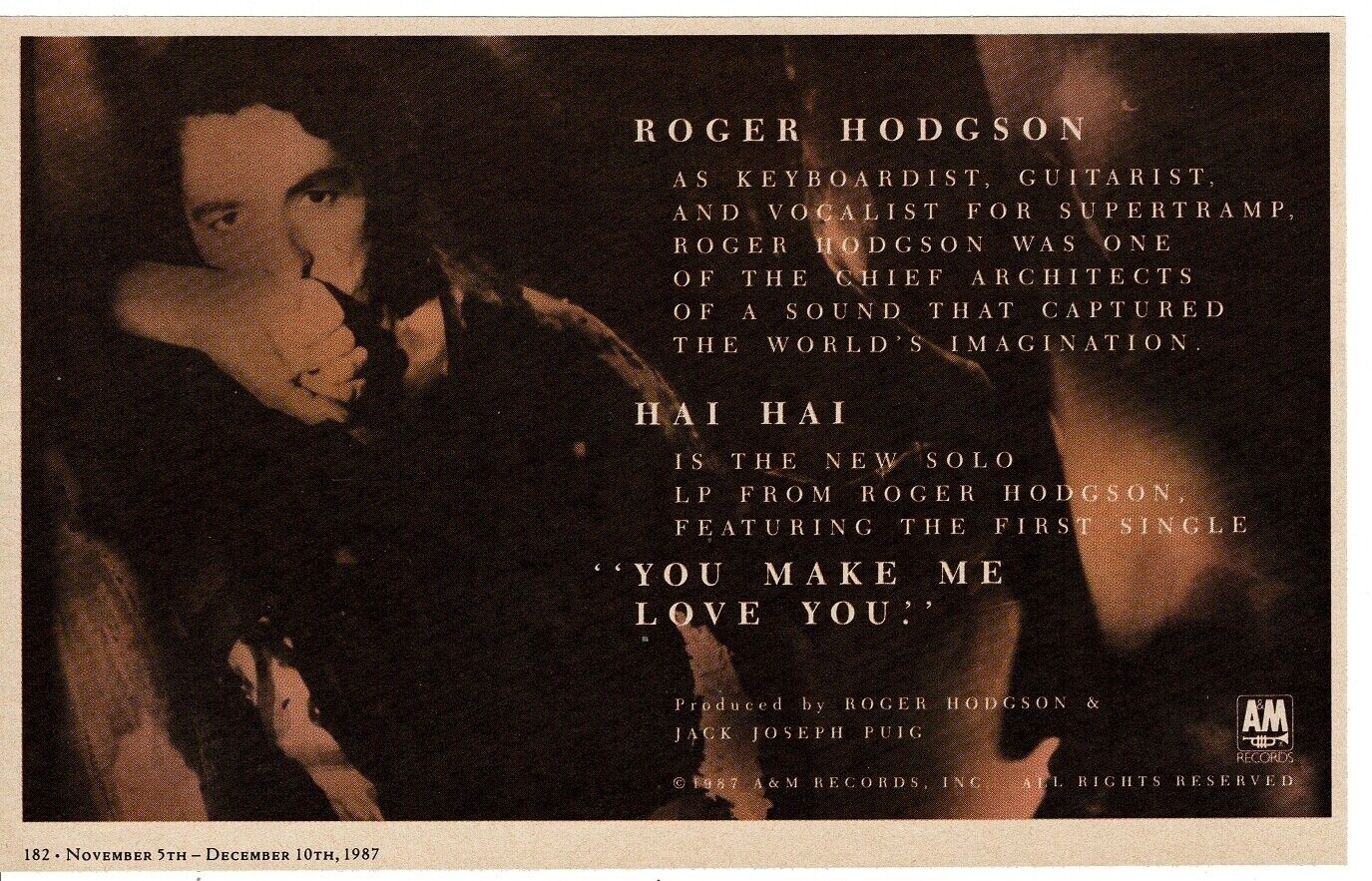 1987 ROGER HODGSON Hai Hai Vintage Album Promo Print Ad 