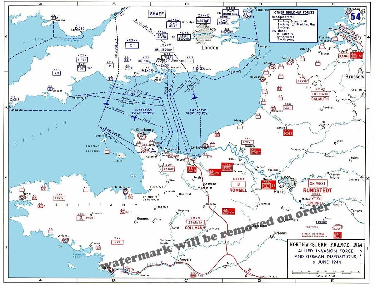 WWII Map Allied Invasion Plans & German Positions in Normandy June 6, 1944 11x14