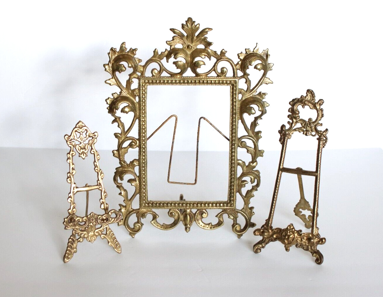 Brass Ornate Antique Picture Frame and Easels Set of 3 Scroll Design