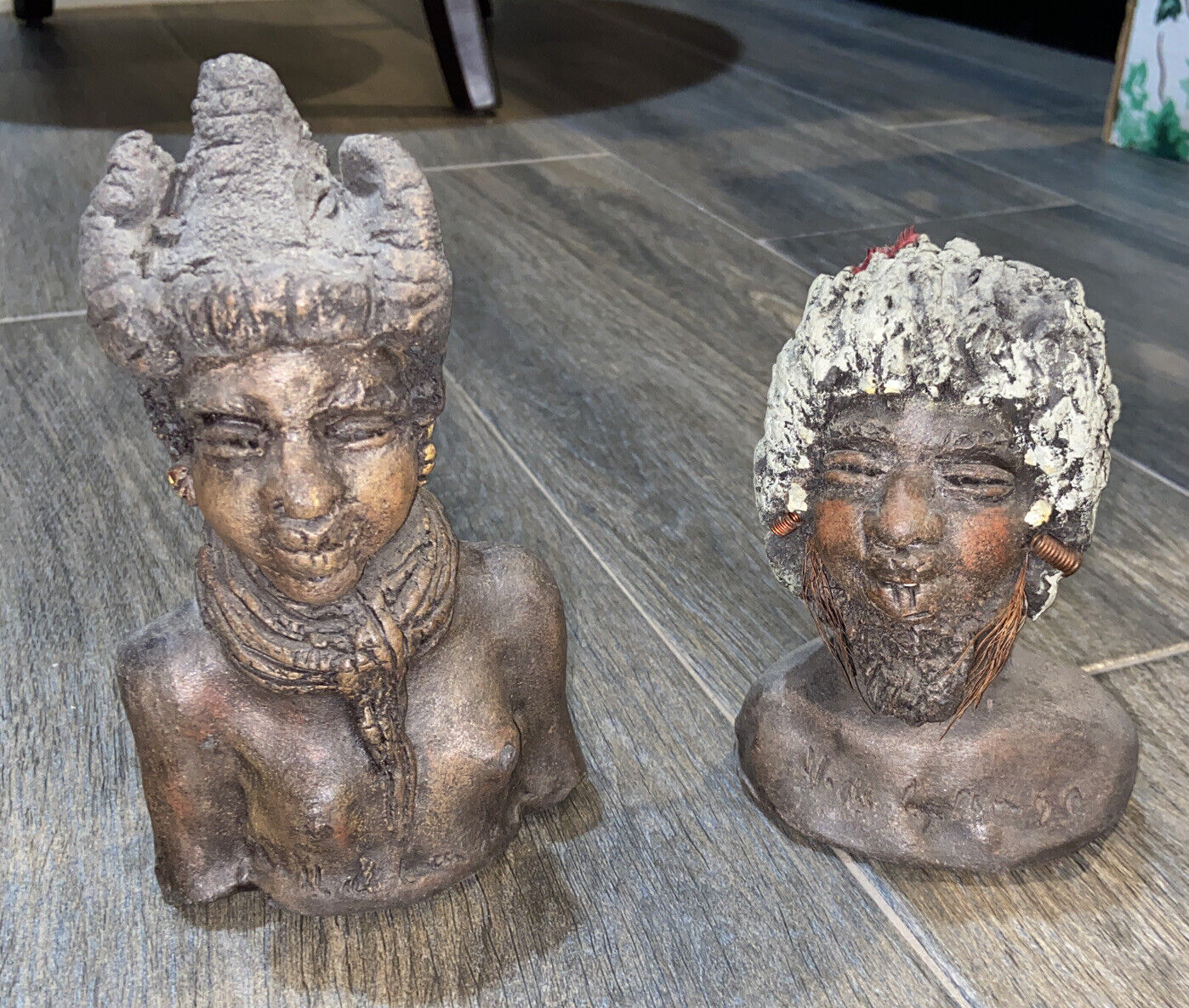 Antique Original African Souvenir Statuettes Tribal Man And Woman ~5” EUC