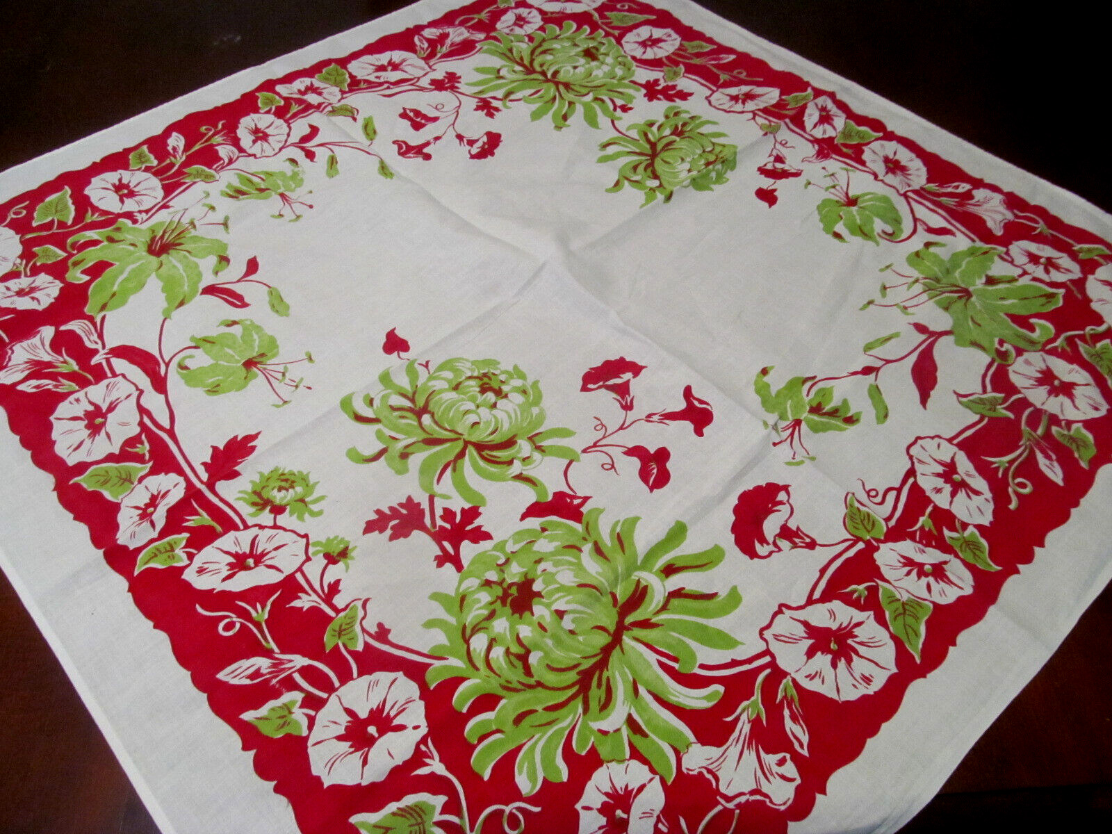 Red Lime Green Vintage FLORAL Cotton Print Tablecloth~Morning Glories Mums Lily
