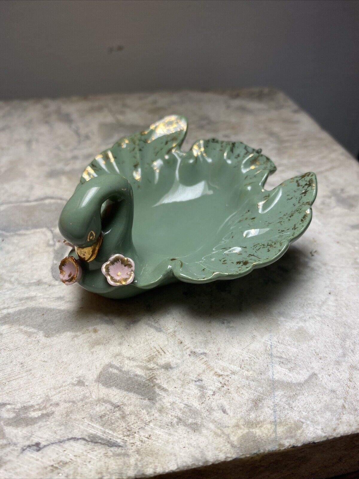 Vintage Swan Ring Dish LEFTON China Handpainted 954C Green Pink Flower Gold Gilt