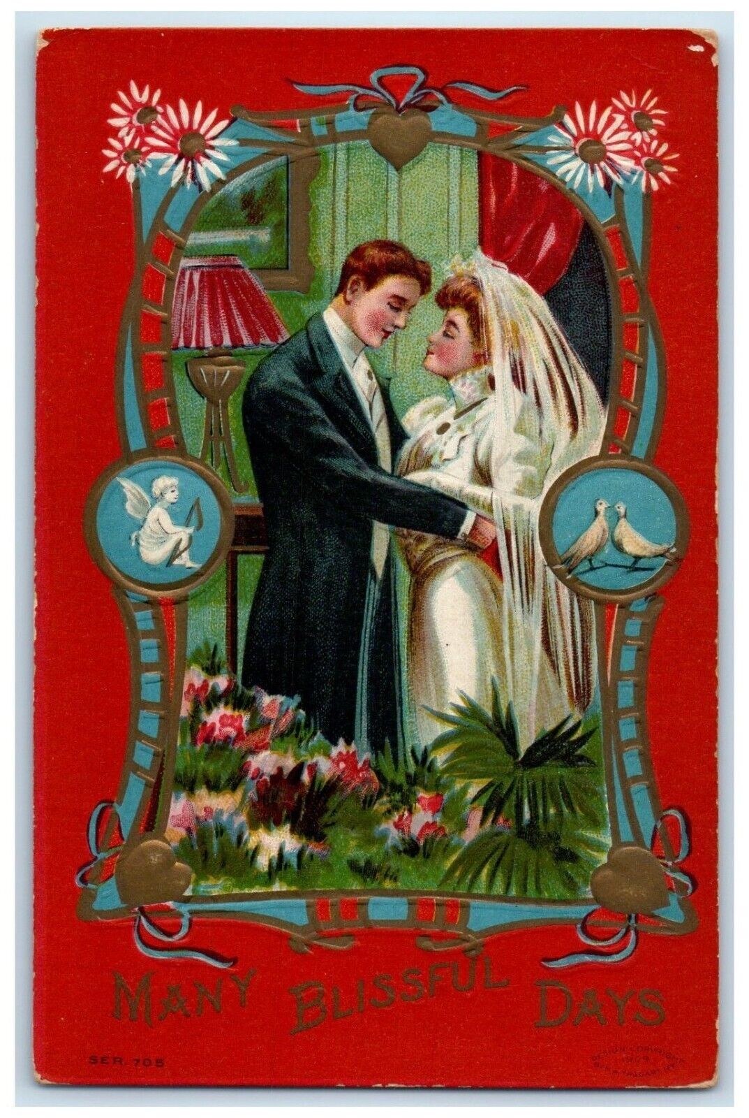 c1910's Couple Wedding Romance Flowers Cupid Angel Birds Embossed Postcard