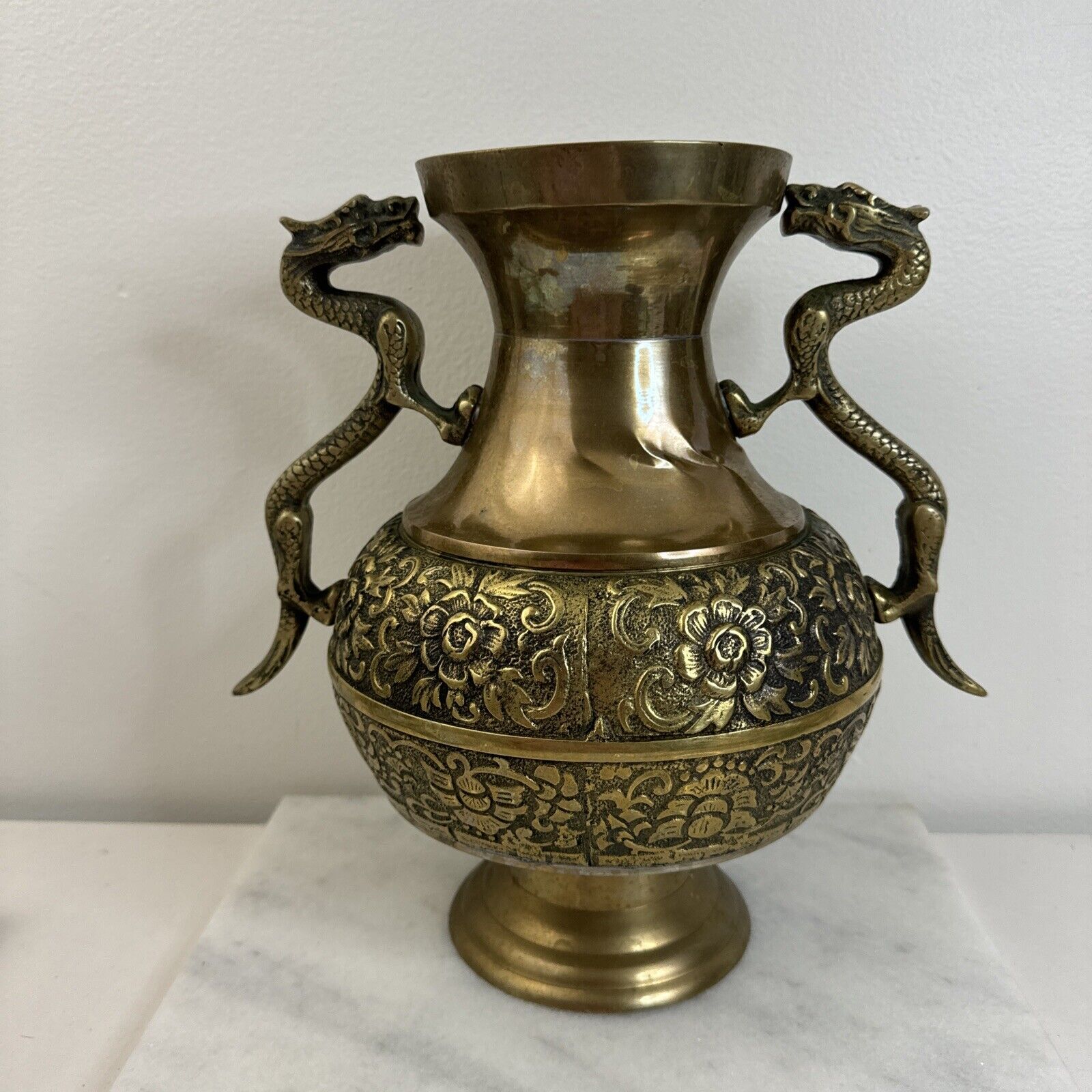 Vintage Chinese Solid Brass Dragon Urn Vase Planter with Floral Motif 11.5”