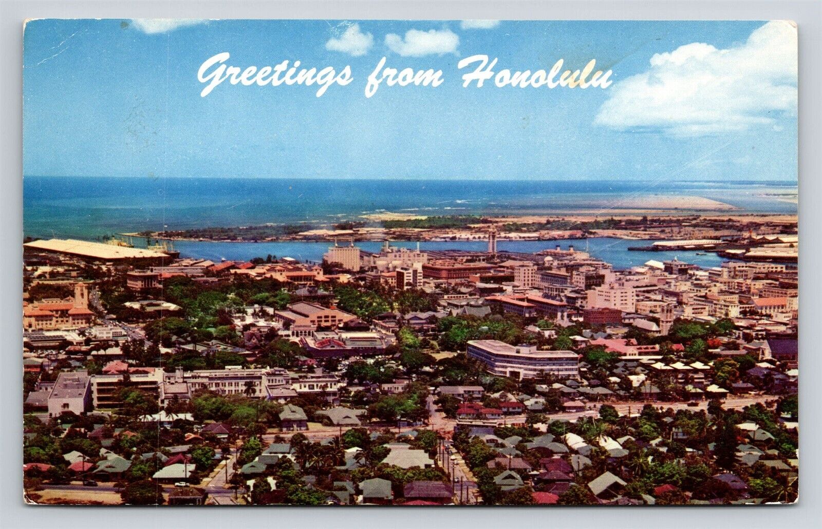 Greetings from Honolulu HI Aerial View Business Section Harbor Vtg Postcard UNP