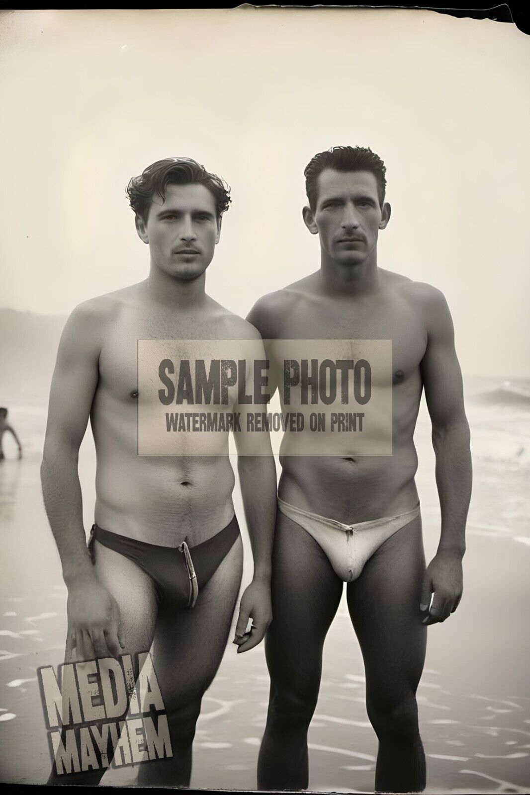 Two Men At Beach in tight swimsuits bulges  Print 4x6 Gay Interest Photo #124