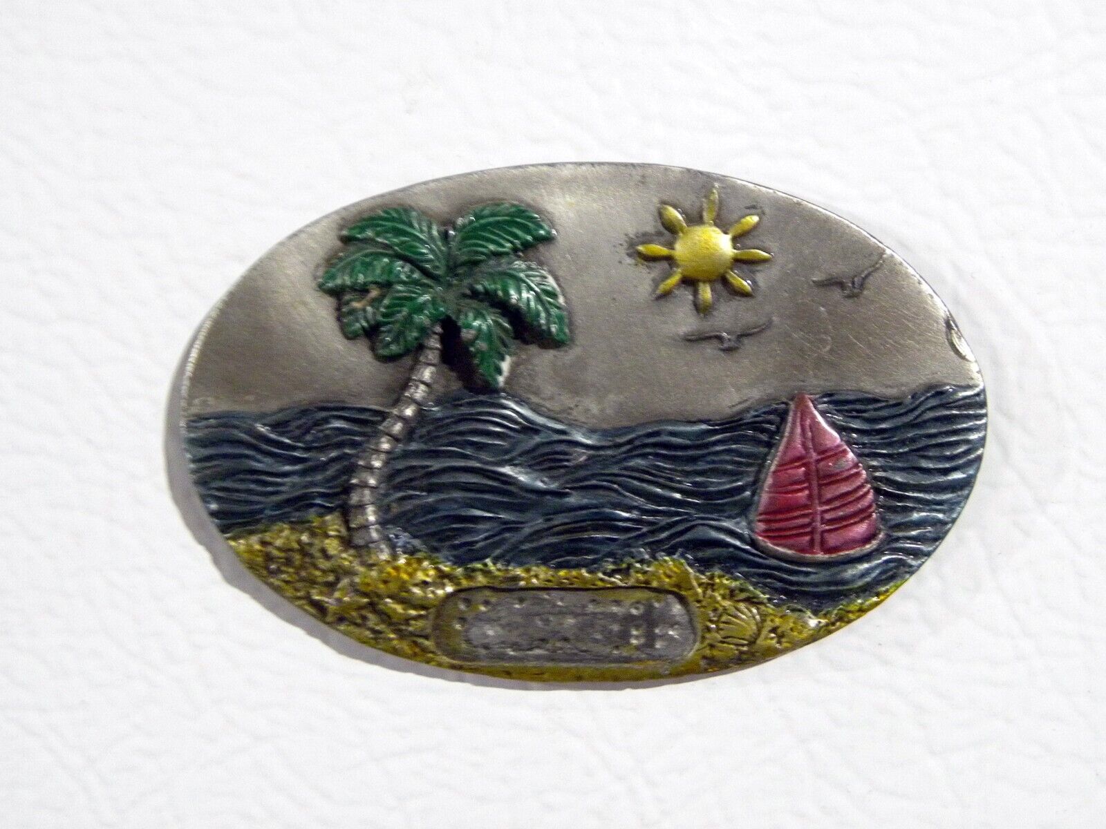 Vintage 1940s 1950s Palm Tree Seagull Sail Boat Souvenir Metal Fridge Magnet