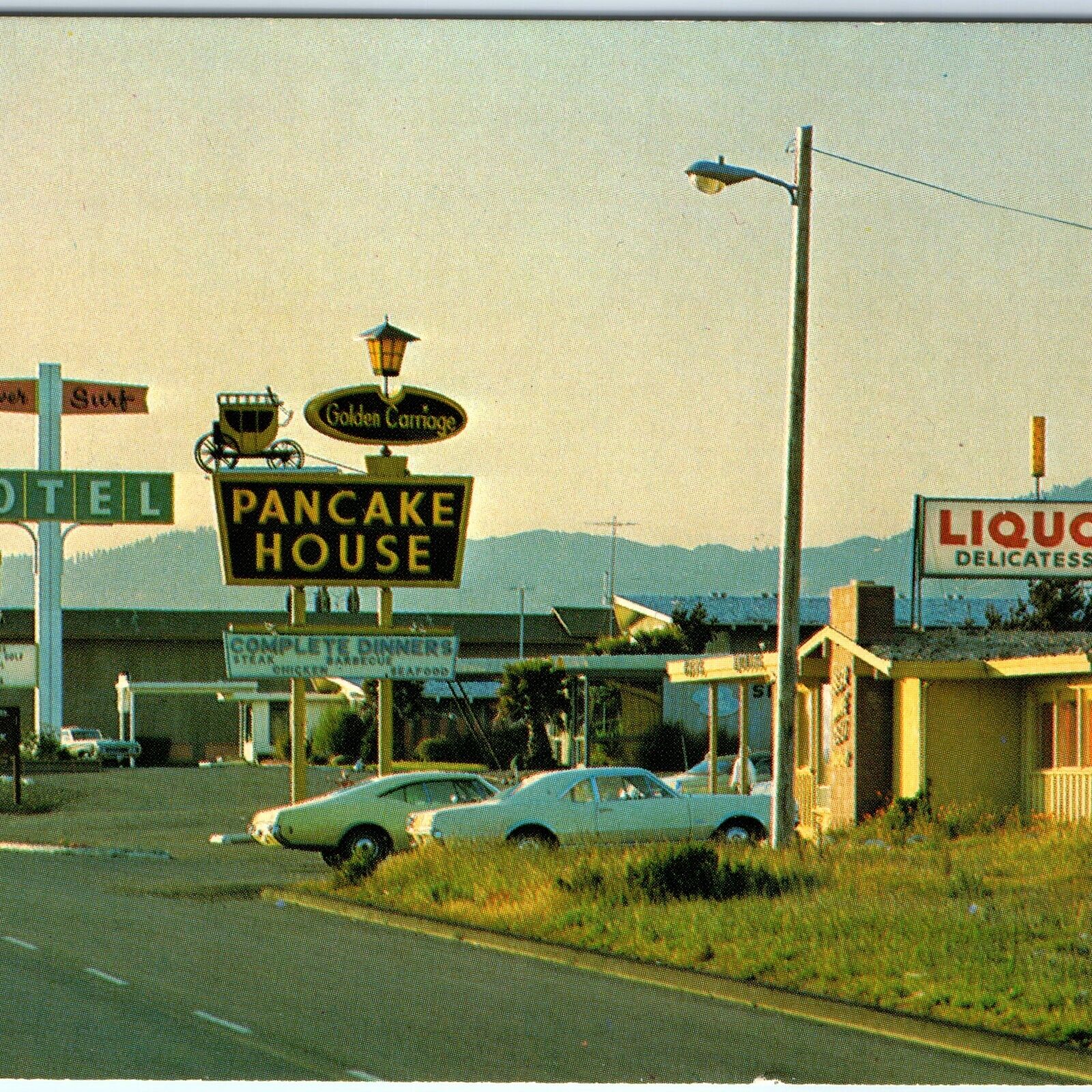c1970s San Simeon Acres, CA Downtown Hotel Chrome Photo Postcard Car Main St A89