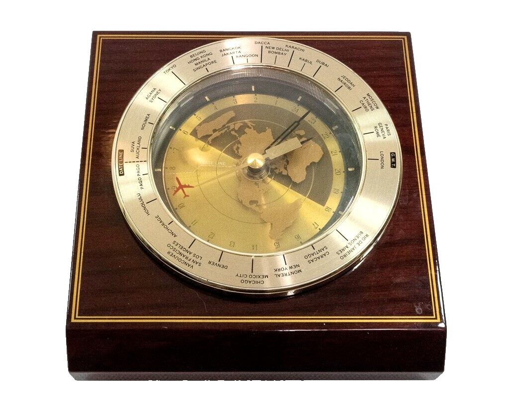 Seiko Quartz World Time Date Line Analog desk Clock Red Airplane Second Hand VTG