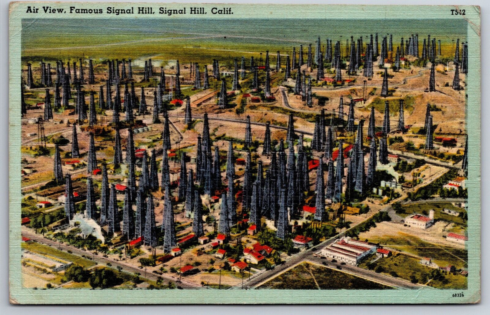 Signal Hill California~Air View Of Oil Wells~Postmarked~Vintage Linen Postcard